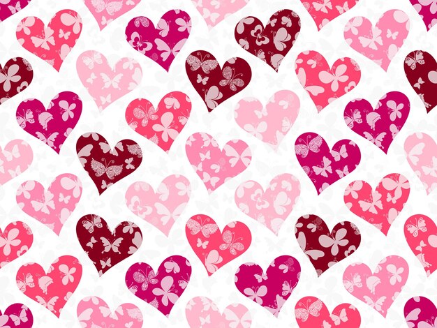 Patrón de valentín sin costuras vectorial con corazones de rosas y mariposas blancas