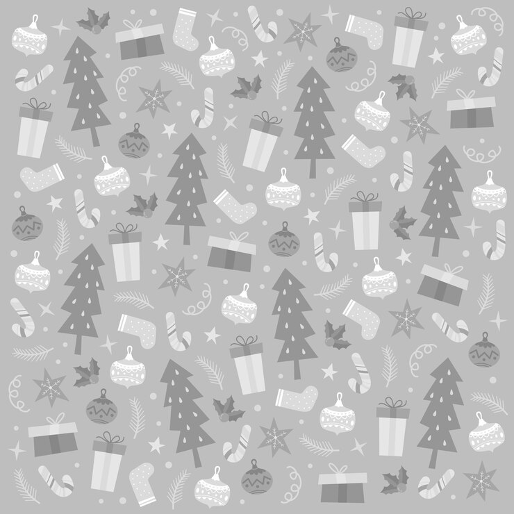Patrón con varios adornos navideños en un esquema de colores grises