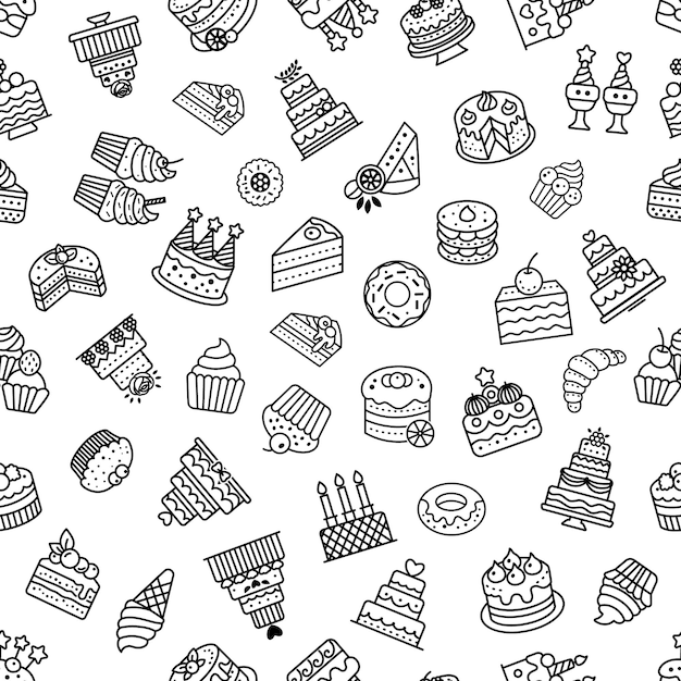 Patrón de varios pasteles y postres en ilustración vectorial en blanco y negro