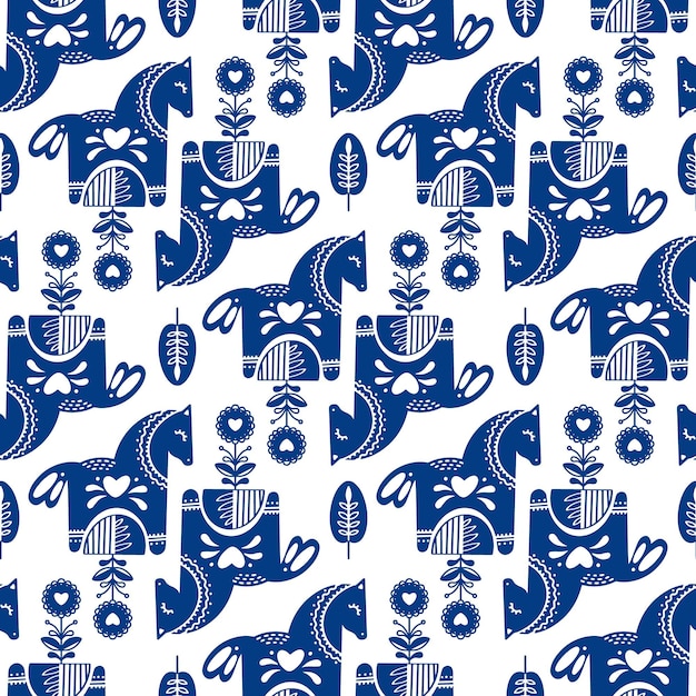 Patrón de vector de arte popular sin costuras con caballos y flores azul marino escandinavo repetitivo