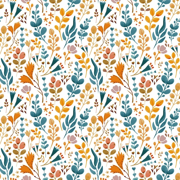 Patrón de vector cálido. Motivos vegetales de color naranja, turquesa, marrón. Imagen perfecta en un transparente