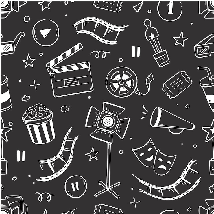 Vector patrón de vector de cine de película doodle dibujado a mano boceto estilo película de patrones sin fisuras elementos de cine para producción de medios festival teatro fondo vector