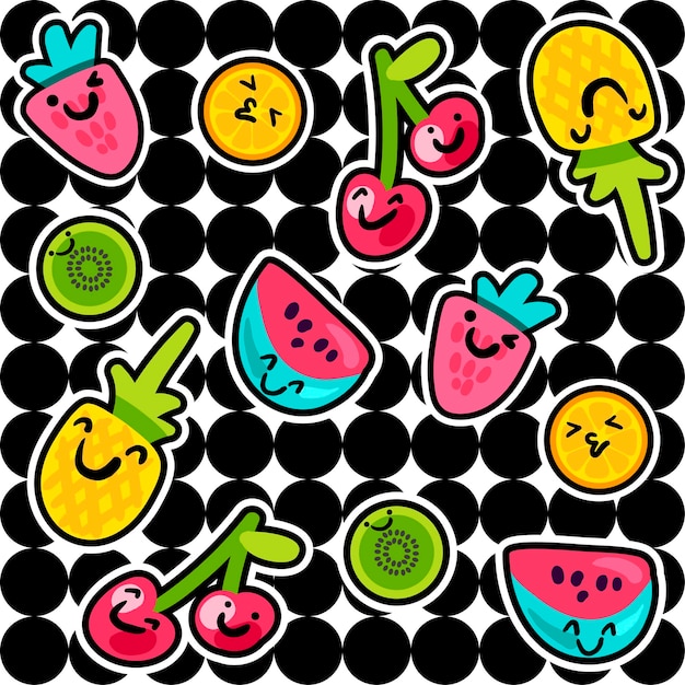 Patrón de vector de color transparente de frutas. Set de pegatinas de kiwi, naranja, cereza, sandía, fresa