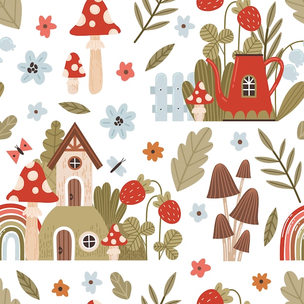 Patrón de vector de cuento de hadas con bosque casas setas arco iris y flores en estilo de dibujos animados