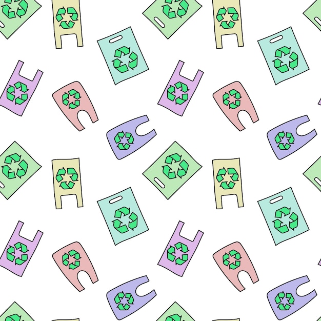 Patrón de vector dibujado a mano en estilo doodle con bolsas ecológicas. Concepto no a bolsas de poliéster.
