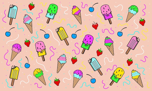 Patrón de vector de dibujos animados lindo helado de fresa y cereza