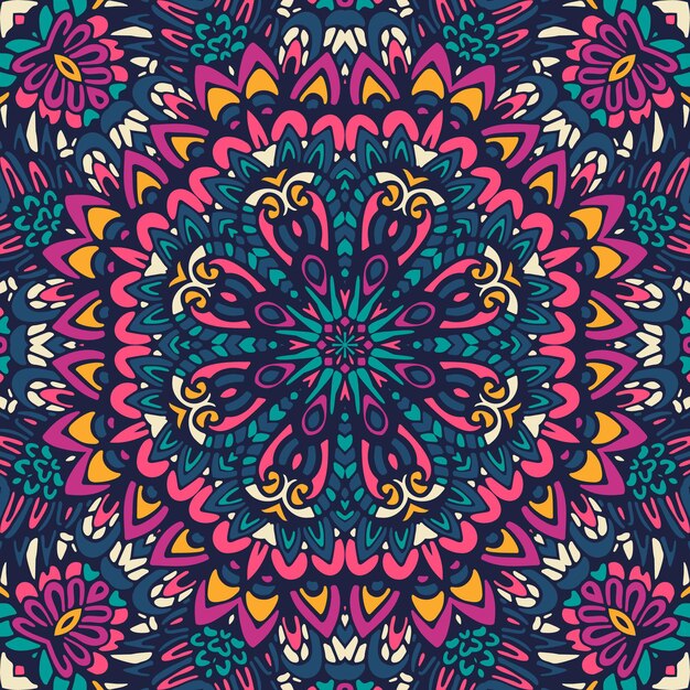 Patrón de vector floral abstracto festivo étnico tribal colorido. Borde de marco mandala geométrico