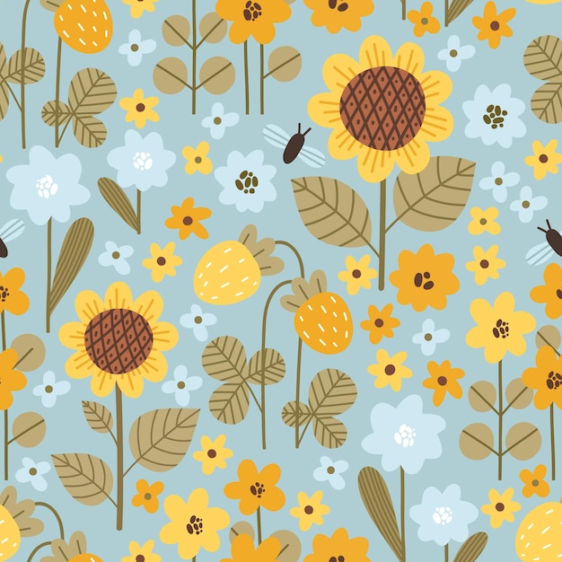 Patrón de vector floral con bayas de girasoles y flores silvestres en estilo garabato Dibujos animados brillantes
