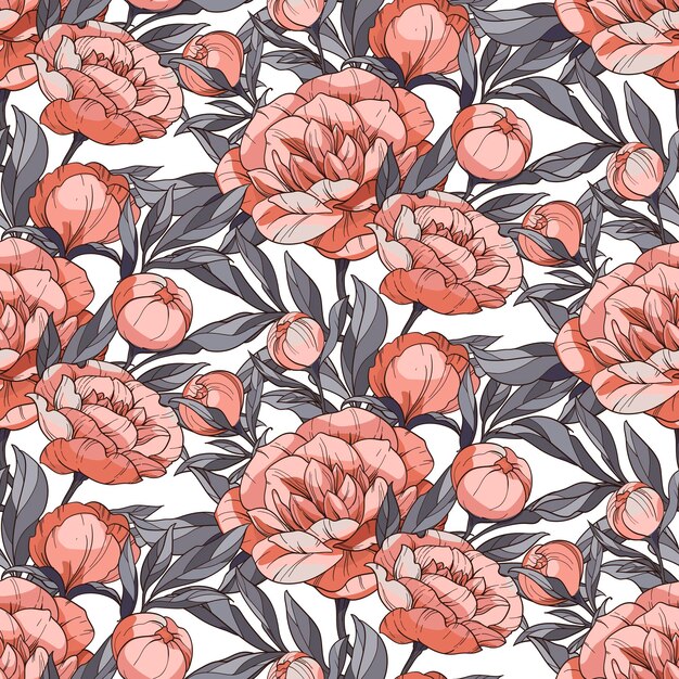 Patrón de vector floral transparente con peonías Flores naranjas con hojas grises sobre un fondo blanco