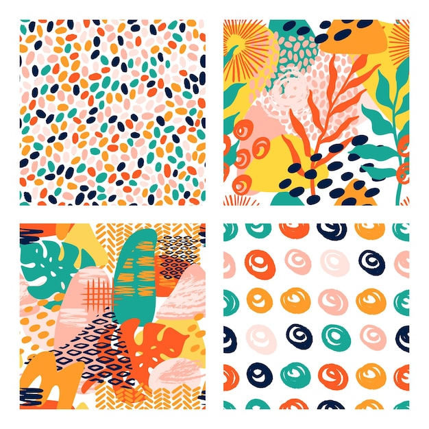 Patrón de vector geométrico de formas abstractas en colores brillantes con hojas tropicales, trazos de pincel y estampado de textura animal. Patrón moderno de textura fluida con grunge, rayas, círculo en estilo collage