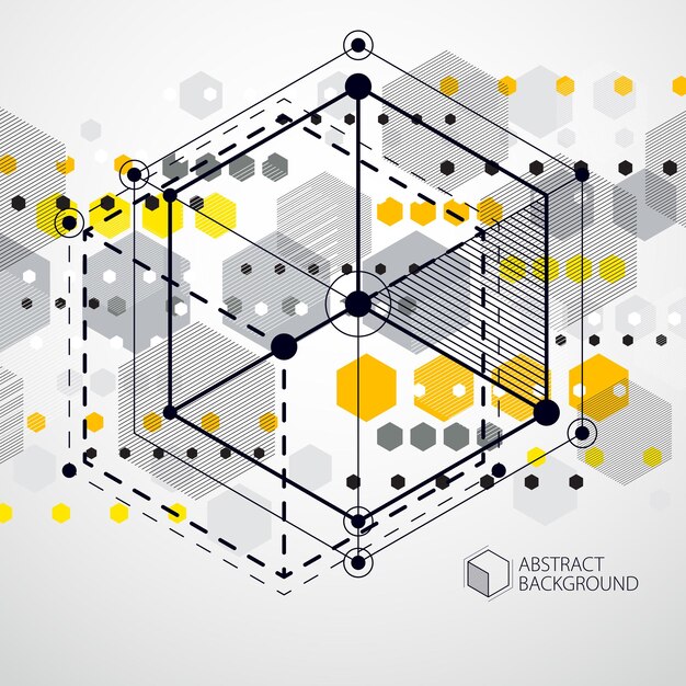 Patrón de vector geométrico de moda, fondo amarillo de malla de cubo abstracto texturizado. Plano técnico, anteproyecto de ingeniería abstracta para uso en diseño gráfico y web.