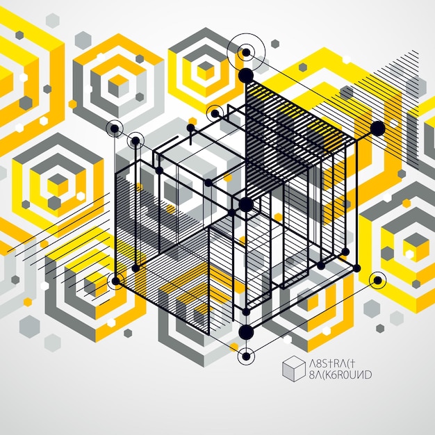 Patrón de vector geométrico de moda, fondo amarillo de malla de cubo abstracto texturizado. Plano técnico, anteproyecto de ingeniería abstracta para uso en diseño gráfico y web.