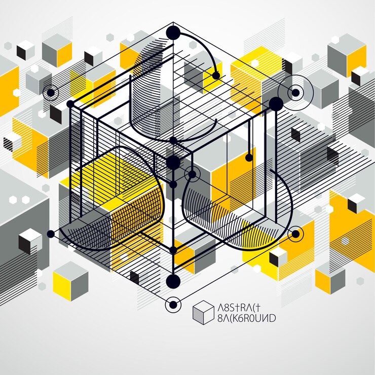 Vector patrón de vector geométrico de moda, fondo amarillo de malla de cubo abstracto texturizado. plano técnico, anteproyecto de ingeniería abstracta para uso en diseño gráfico y web.