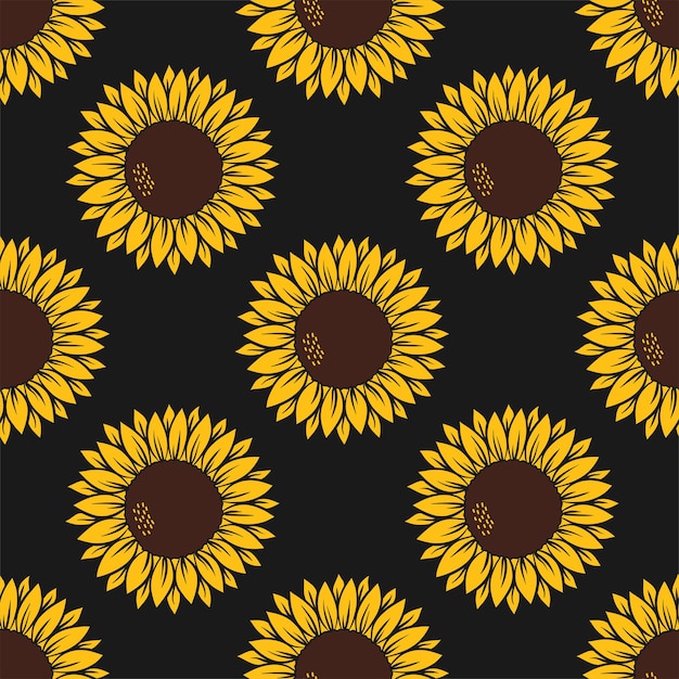 Patrón de vector con girasoles amarillos sobre un amarillo con estampado de leopardo sobre fondo blanco.