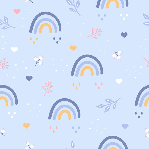 Patrón de vector inconsútil infantil con lindos elementos de arco iris y plantas Ilustración infantil vectorial