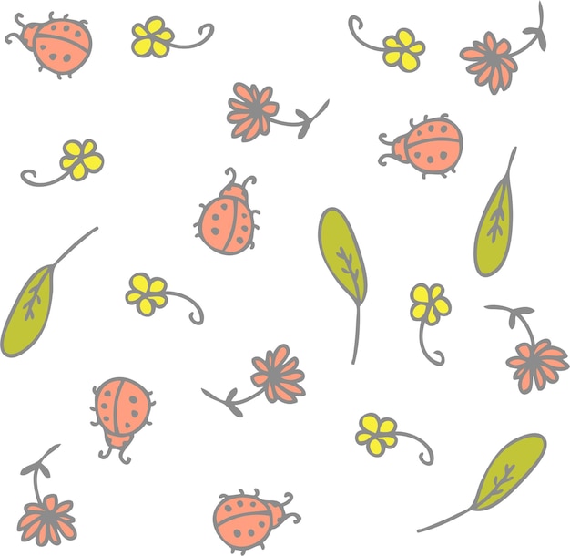 Patrón de vector de lindas mariquitas flores y hojas Estilo de dibujos animados Ilustración de vector dibujado a mano Diseño para camiseta textil y estampados