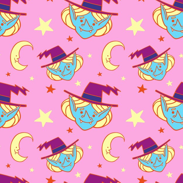 Patrón de vector lindo con estrellas de brujas sonrientes y lunas divertidas espeluznantes Patrón sin costuras de vampiro Ilustraciones de vectores de color dibujadas a mano en el estilo de garabatos Aislado para textiles para niños