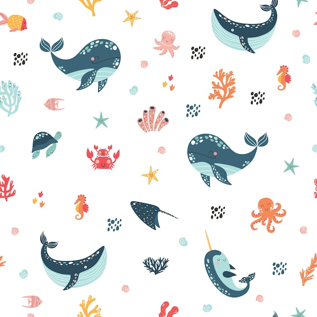 Patrón de vector lindo de vida marina Ilustración vectorial para niños diseño de papel tapiz envoltura textil