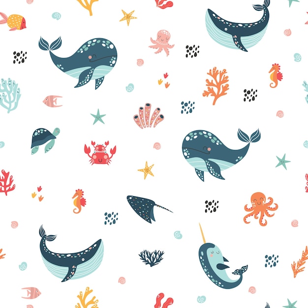 Patrón de vector lindo de vida marina ilustración vectorial para niños diseño de papel tapiz envoltura textil