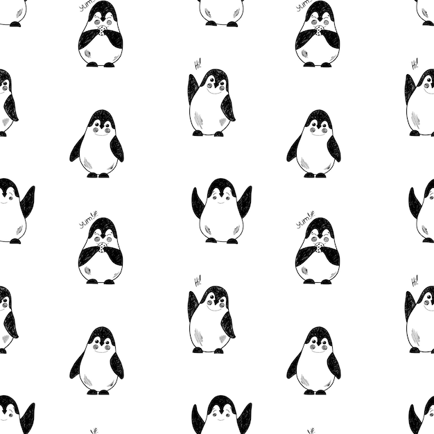 Patrón de vector con lindos pingüinos divertidos, ilustración dibujada a mano.