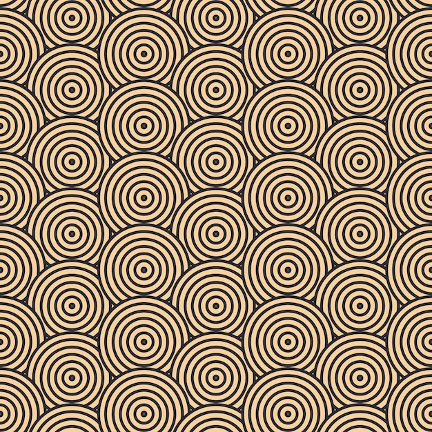 Patrón de vector moderno en estilo japonés. Patrones geométricos negros sobre un fondo dorado, círculos en la arena. Ilustraciones modernas para papeles pintados, volantes, portadas, pancartas, adornos minimalistas