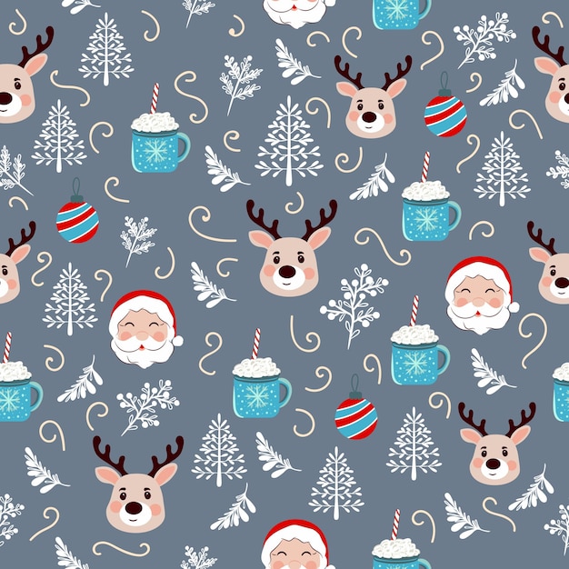 Patrón de vector de Navidad con ciervos y diseño rústico de Santa