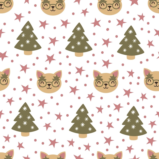 Patrón de vector de Navidad con gatos fondo transparente de invierno dibujado a mano