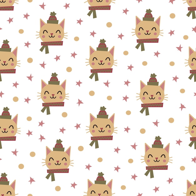 Patrón de vector de Navidad con gatos en sombreros Fondo transparente de invierno dibujado a mano