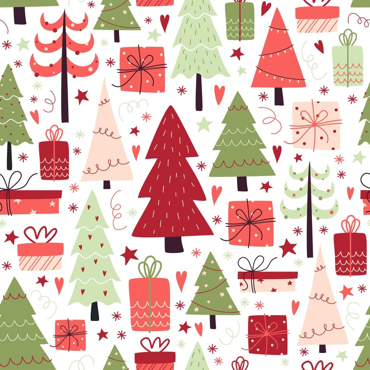 Patrón de vector de Navidad con lindos árboles de Navidad y regalos sobre un fondo blanco