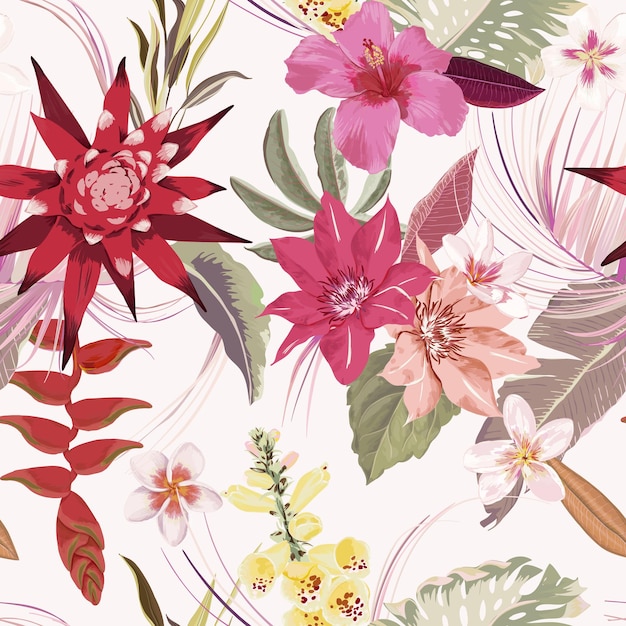 Patrón de vector de otoño floral tropical inconsútil. hojas de palma secas elegantes, flores tropicales de acuarela boho. diseño de ilustración de lujo para textil de moda, textura, tela, papel tapiz, cubierta, telón de fondo