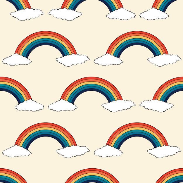 Patrón de vector transparente de los años 70 con arco iris vintage y nubes Fondo psicodélico con elementos de cielo