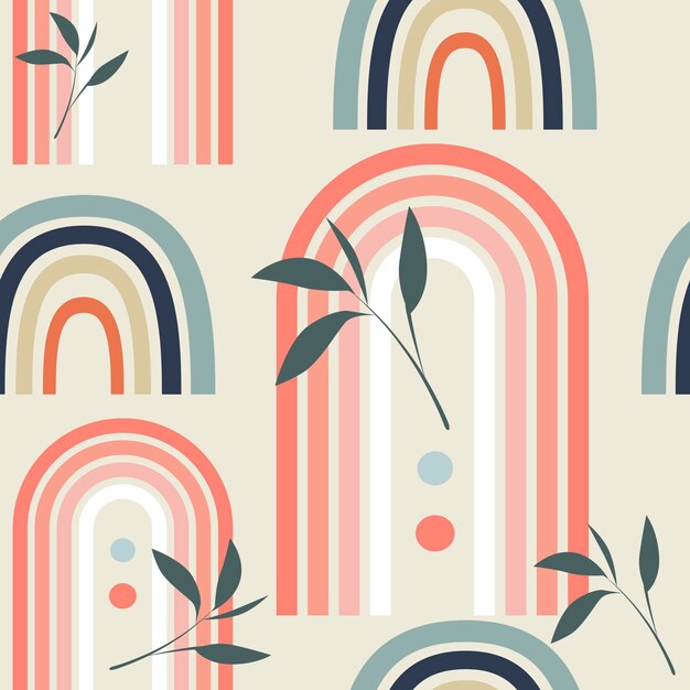 patrón de vector transparente con arco iris abstracto multicolor y hojas en estilo boho en backg beige