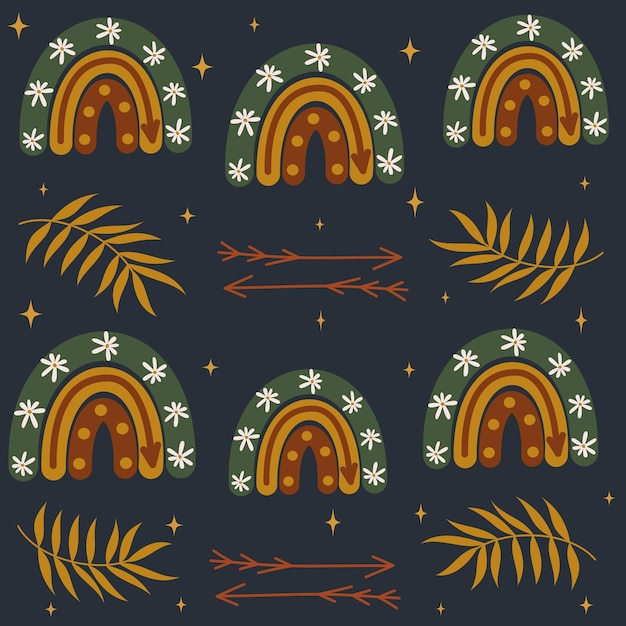 patrón de vector transparente de arco iris boho con estrellas, hojas y flechas