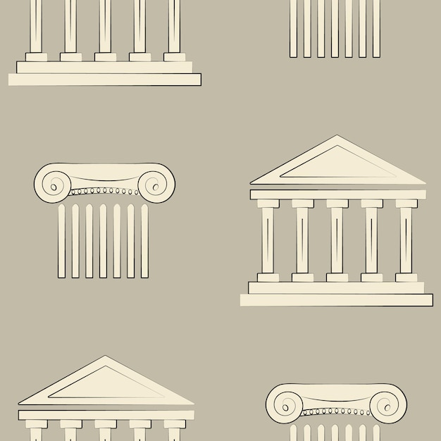 Patrón de vector transparente de arquitectura griega antigua sobre un fondo marrón