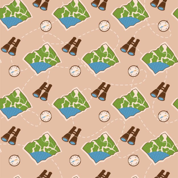 Patrón de vector transparente Brújula binocular y mapa Para impresiones de diseño deporte y negocios turísticos