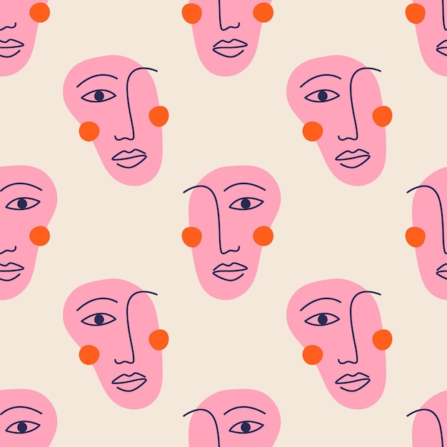 Patrón de vector transparente con cara de arte de línea abstracta con un ojo Silueta de mujer dibujada a mano
