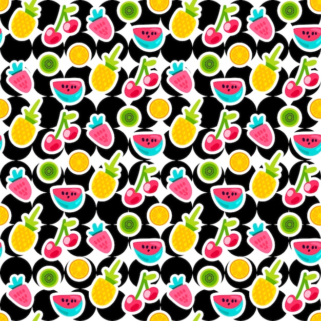 Patrón de vector transparente de color de frutas. doodle pegatinas de cereza, fresa, piña en círculos