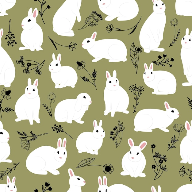 Patrón de vector transparente con conejos blancos y ramas de plantas de arte de línea sobre un fondo verde oscuro