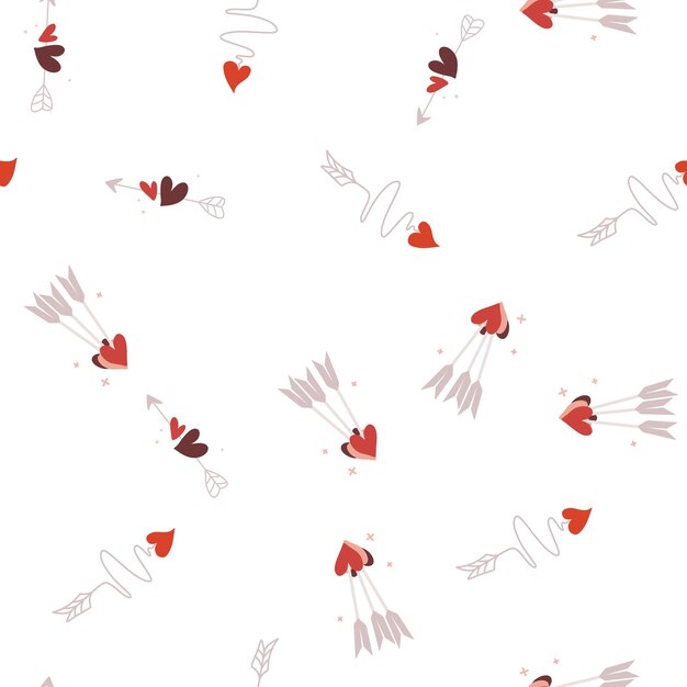 Patrón de vector transparente de corazones simples. Fondo del día de San Valentín. Textura caótica sin fin de diseño plano hecha de diminutas siluetas de corazón. Tonos de rojo.