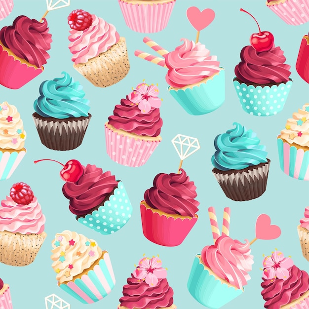 Patrón de vector transparente con cupcakes de color rosa pastel