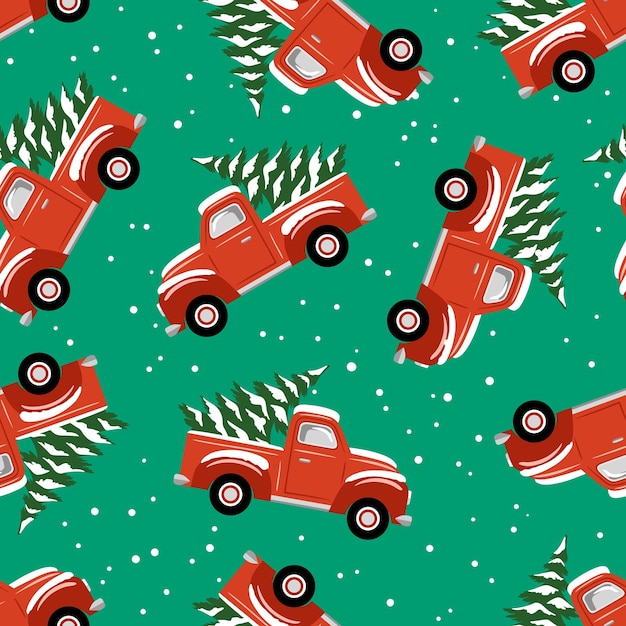 Patrón de vector transparente dibujado a mano con lindos coches y árboles de Navidad