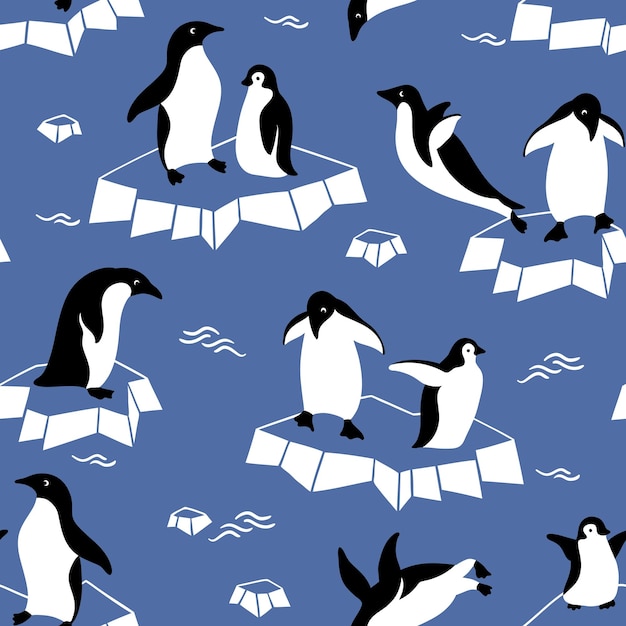 Patrón de vector transparente dibujado a mano con lindos pingüinos en el hielo.