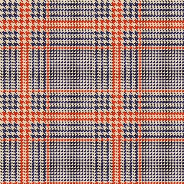 Patrón de vector transparente de dientes de perro. Estampado geométrico en color azul y naranja. Glen plaid.