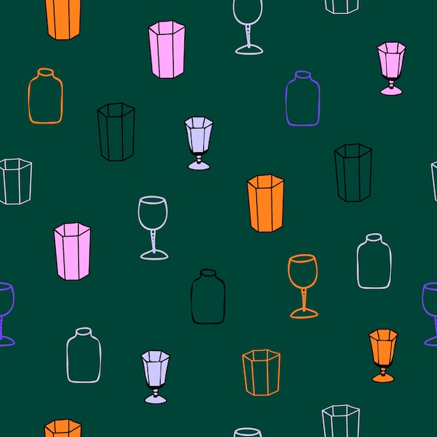 Patrón de vector transparente con diferentes vasos de yuokals y copas de vino dibujadas en estilo garabato