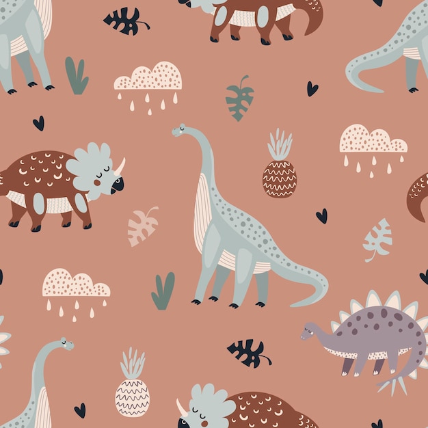 Patrón de vector transparente con dinosaurios animales lindos sobre un fondo beige en textura animal