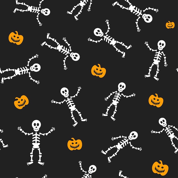 Patrón de vector transparente para diseño de Halloween Calabaza esqueleto de símbolos de Halloween en estilo de dibujos animados