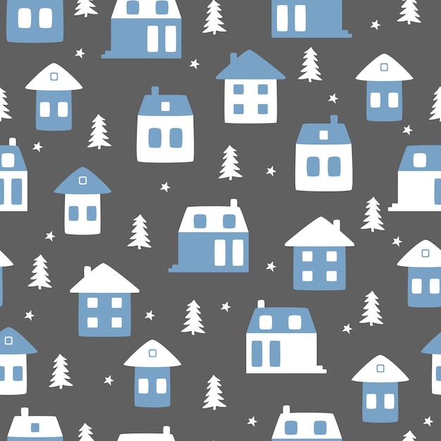 Patrón de vector transparente divertido con estrellas de casas y árbol de Navidad