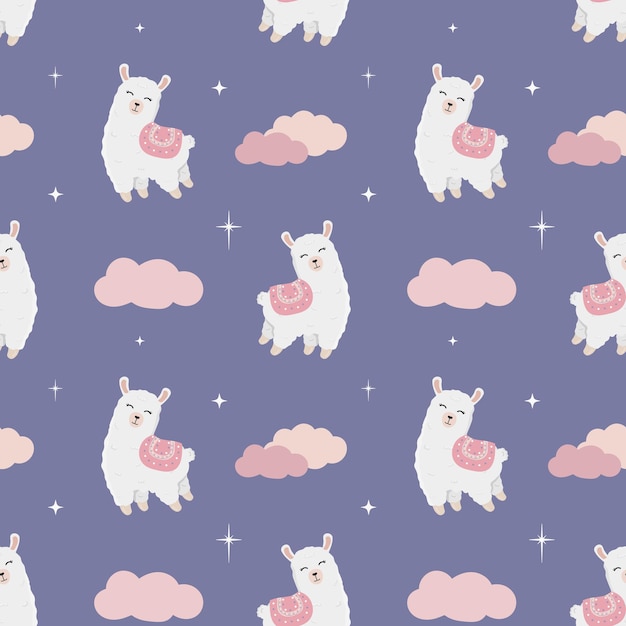 Patrón de vector transparente con estrellas de alpaca de llama y nubes Fondo de bebé para el diseño de tarjetas de felicitación de papel de regalo