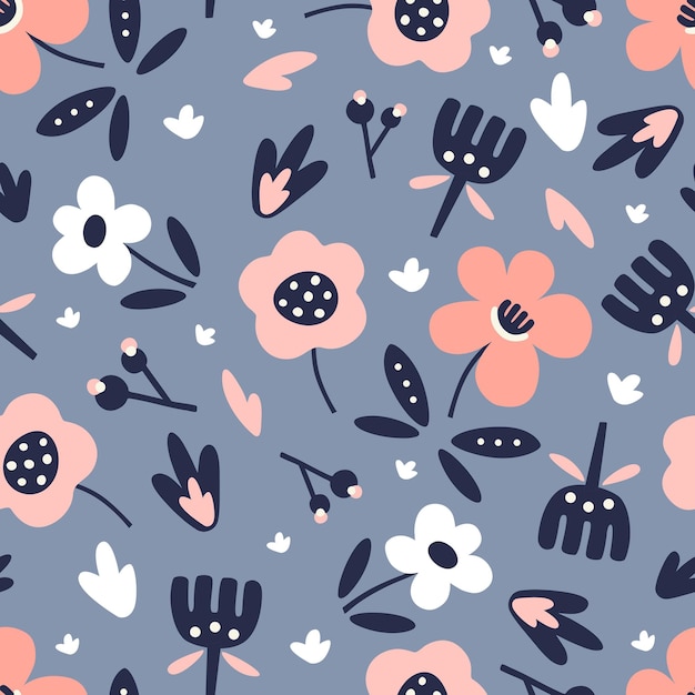 Patrón de vector transparente con flores rosas y azules en un estilo plano
