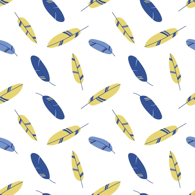 Patrón de vector transparente con fondo de plumas de colores en colores amarillo y azul